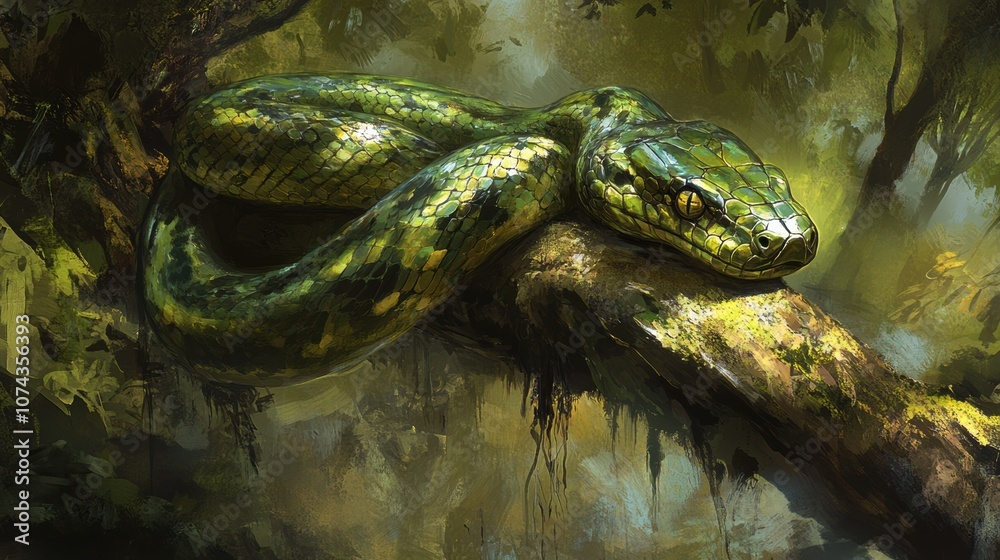 Sleek Green Anaconda Coiled on a Tree Branch Sleek Green Anaconda Coiled on a Tree Branch