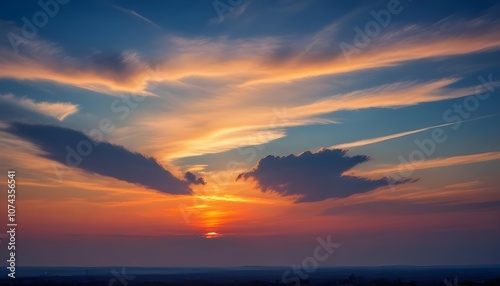 Beautiful sky with soft gradient colors transitioning from blue to vibrant orange at sunset time