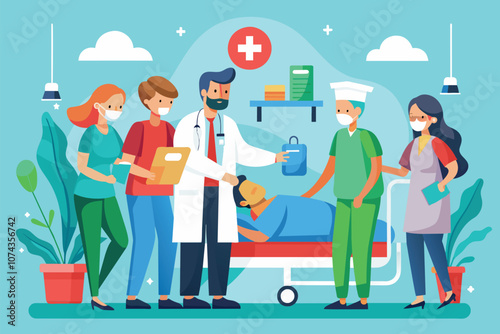 A team of healthcare professionals is attending to a hospitalized patient while monitoring, Hospitalized patient receiving medical care from doctors and nurses, depicted in a flat illustration.