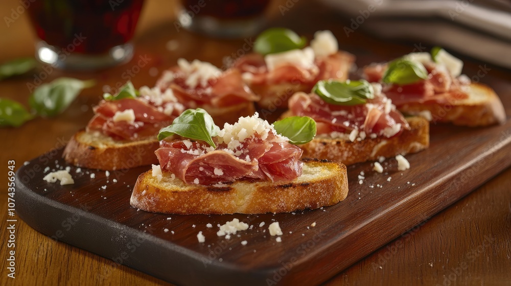 Savory Crostini with Ham and Fresh Basil Toppings Savory Crostini with Ham and Fresh Basil Toppings