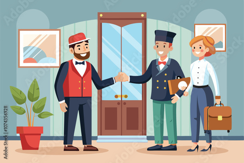 Friendly doormen greet a guest at the hotel's entrance while showcasing excellent service, Hotel service concept with friendly doormen greeting guests, illustrated in a flat style. photo