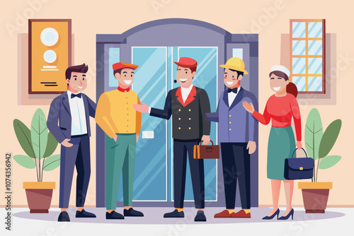 Friendly doormen welcome guests at a hotel entrance, fostering a warm and inviting atmosphere, Hotel service concept with friendly doormen greeting guests, illustrated in a flat style.