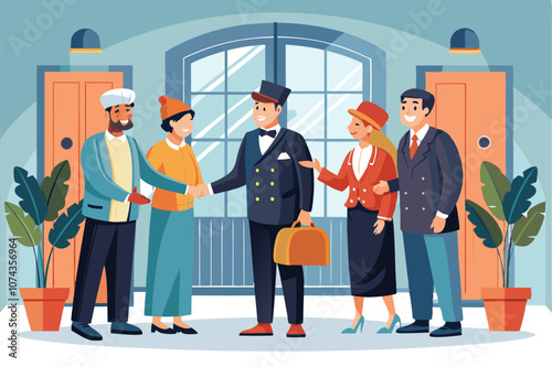 Friendly doormen greet guests warmly, creating a welcoming atmosphere in the elegant hotel lobby, Hotel service concept with friendly doormen greeting guests, illustrated in a flat style.