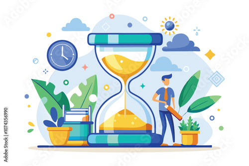 A person stands beside an hourglass, managing tasks and time while surrounded by greenery, Hourglass concept for time management with quick response to meet deadlines, illustrated in a flat design.