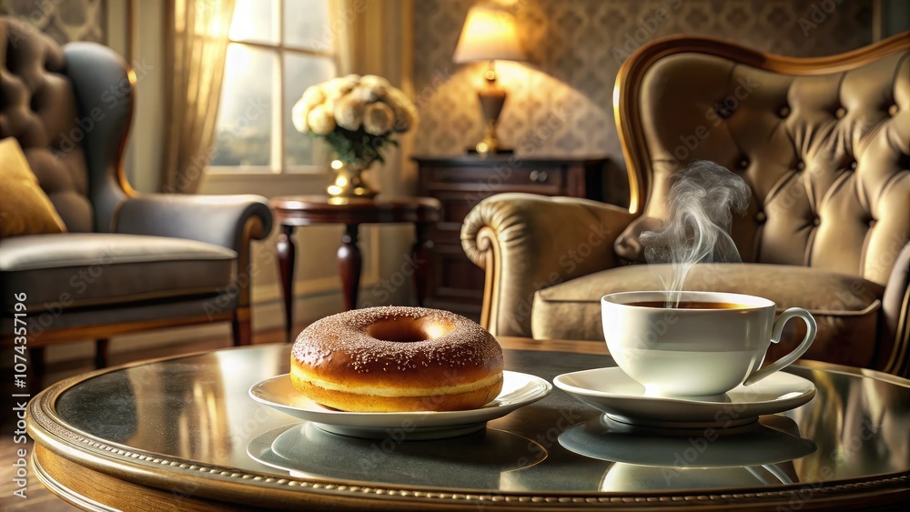 Fototapeta premium Luxury Coffee Break with Donut in Elegant Room Decor for Relaxation and Indulgence
