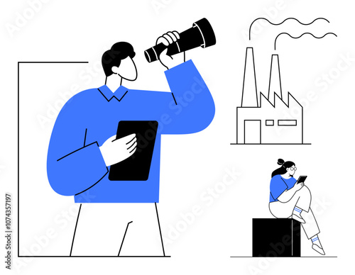 Person looks through telescope while holding tablet, another person seated with a tablet near factory building. Ideal for planning, strategy, industry, business growth, future foresight, teamwork