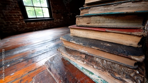 A stack of old books sitting on top of a wooden table