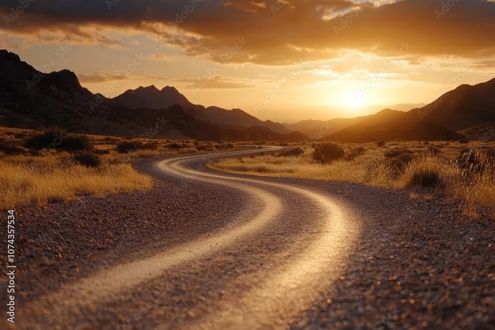 A dirt road in the middle of a desert at sunset