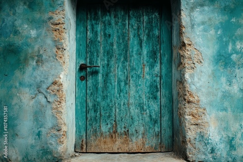 A blue door in an old building with peeling paint