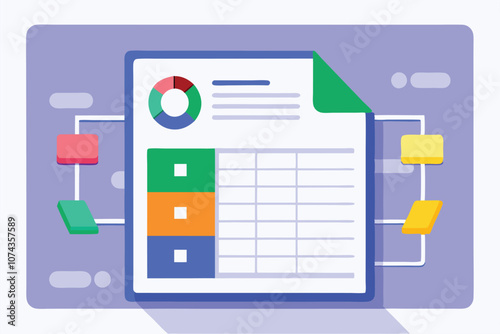 A colorful spreadsheet layout features graphs and charts alongside organized data sections for easy analysis, Customizable cartoon illustrations for spreadsheets.