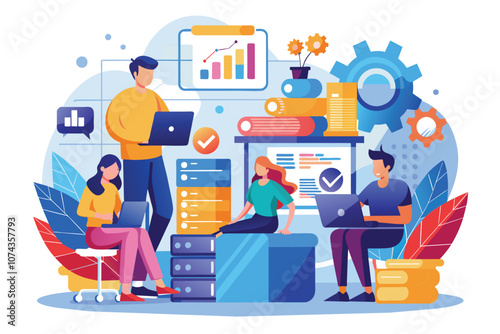 A diverse group collaborates on strategizing data management techniques in a colorful office, Humans are considering how to handle data, flat illustration.