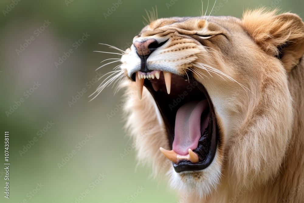 Fototapeta premium A close up of a lion yawning with its mouth open