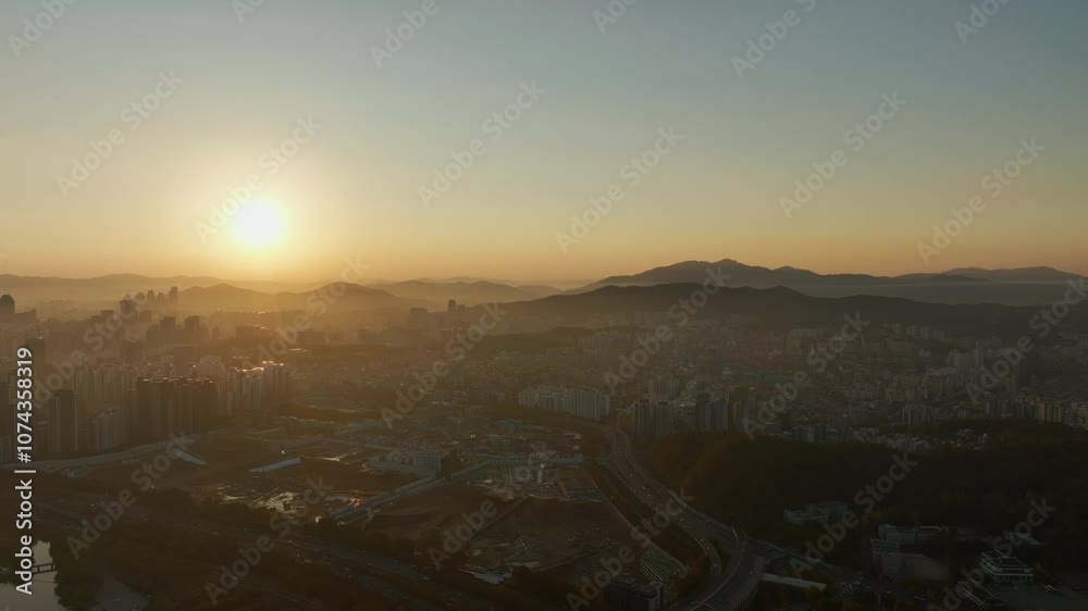 Drone View of Seoul city in Sunrise of Dongjak-gu, Han River, Autumn, 60fps Drone View of Seoul city in Sunrise of Dongjak-gu, Han River, Autumn, 60fps