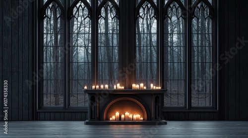 Gothic style room with candles and large windows, dimly lit atmosphere, moody ambiance.