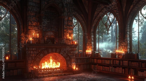 Cozy library with stone fireplace and large windows, illuminated by candlelight.