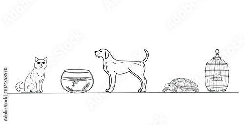 Pets. Simple linear drawing of pets - a dog, a cat, a turtle, an aquarium with fish, a cage with a bird on a white background. Vector illustration with simple design, black lines