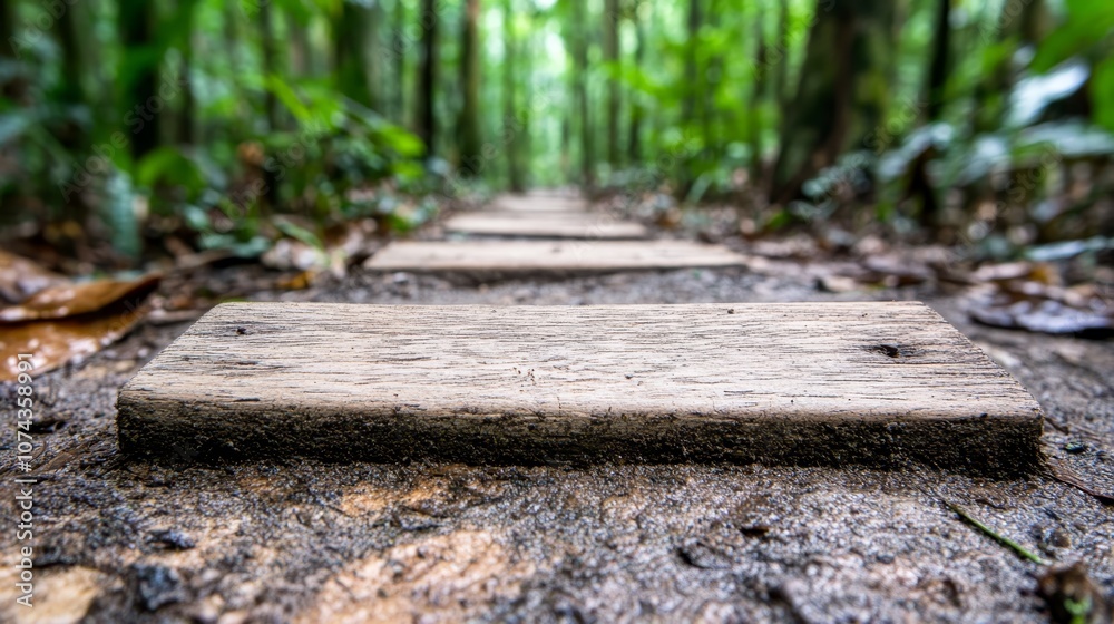 A wooden boardwalk in the middle of a forest A wooden boardwalk in the middle of a forest