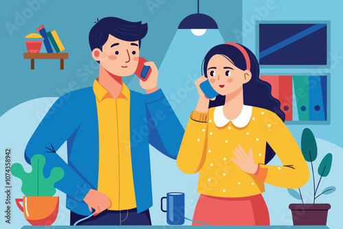 A couple is happily talking on their phones while standing in a stylish living room filled with plants, Illustration of a couple talking on the phone