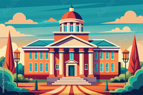 A grand courthouse building features a dome, columns, and landscaped surroundings, set against a vibrant sky, Illustration of a courthouse building.