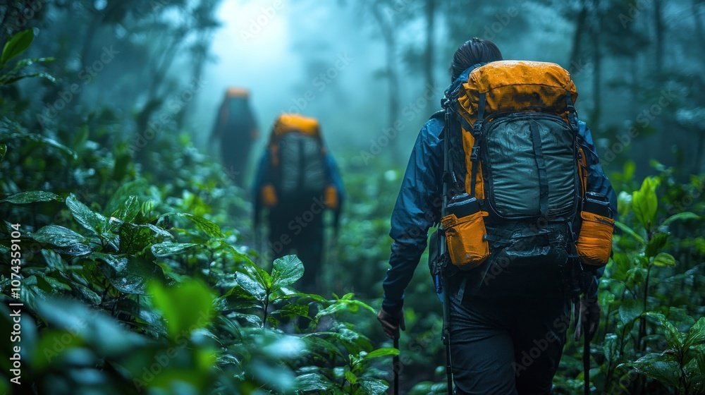 Hikers trekking through a misty forest with backpacks. Hikers trekking through a misty forest with backpacks.