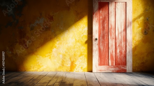 An open red door in a yellow wall with a wooden floor