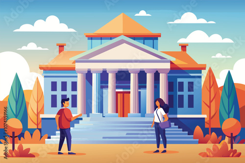 Two individuals engage in conversation on the steps of a courthouse surrounded by trees, Illustration of a courthouse with two people in front