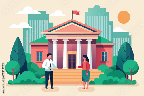 Two people converse at a courthouse surrounded by trees and buildings on a bright day, Illustration of a courthouse with two people in front