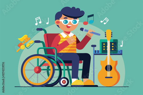 A cheerful musician in a wheelchair sings into a microphone while playing guitar, surrounded by musical notes, Illustration of a disabled musician that can be customized.