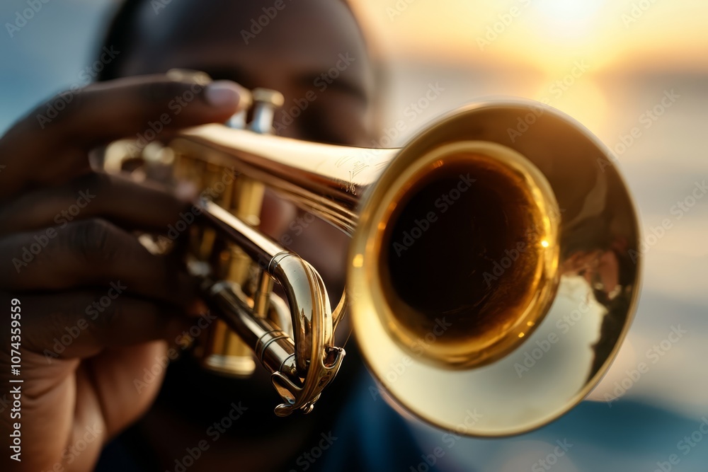 Obraz premium A man playing a trumpet in front of the ocean