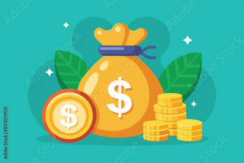 A flat dollar coin is positioned near a money bag filled with cash and a stack of coins on a bright backdrop, Illustration of a flat dollar coin safe and money bag.