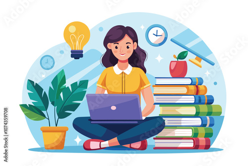 A girl engaged in online learning with a laptop, surrounded by books and study tools in a bright setting, Illustration of woman sitting on a book, representing online learning.