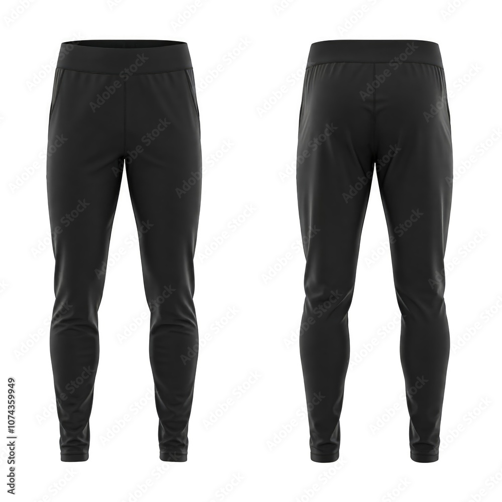 Black athletic jogger pants front and back view on white background. Black athletic jogger pants front and back view on white background.