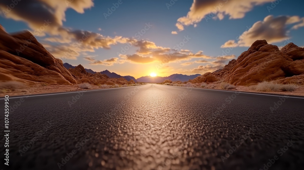 Naklejka premium A long empty road in the middle of a desert at sunset