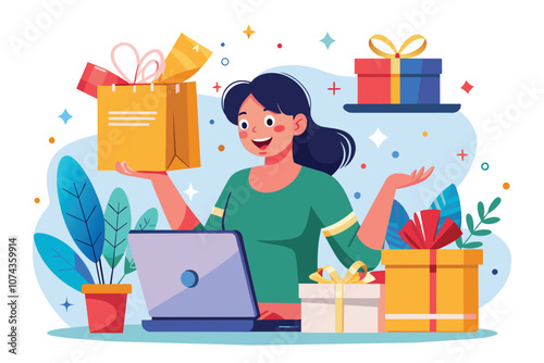 A cheerful woman happily shops online while surrounded by colorful gifts and plants at home, Illustration of a joyful woman shopping online and receiving free gifts.