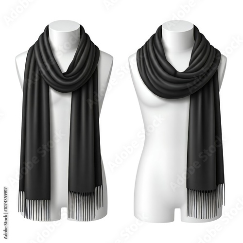 Two elegant black scarves draped on white mannequins. The scarves are smooth and luxurious, showcasing a stylish design with fringes at the ends. Ideal for fashion displays or textile presentations.