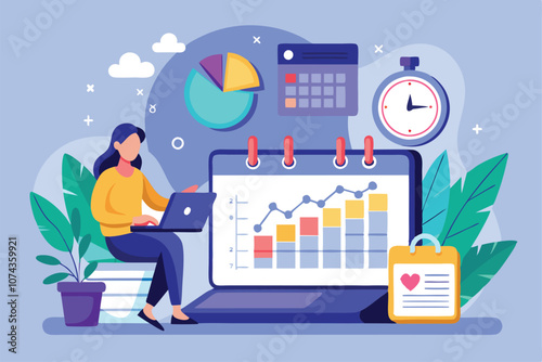 A data analyst works on a laptop near a calendar, focusing on charts and productivity tools, Illustration of a laptop and data analyst on a calendar