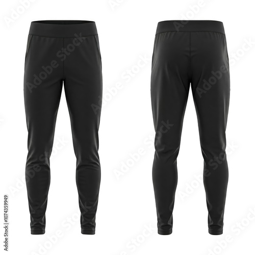Black athletic jogger pants front and back view on white background.