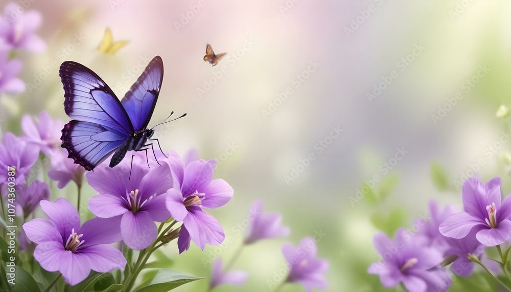 Soft purple flowers with a delicate butterfly flying on a blurred springtime background

