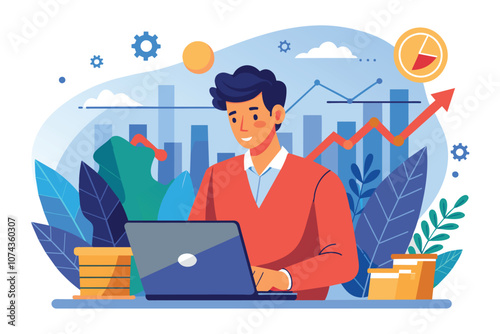 A focused man in a sweater engages with his laptop, studying stock market data and trends, Illustration of a man with a laptop observing stock business updates.
