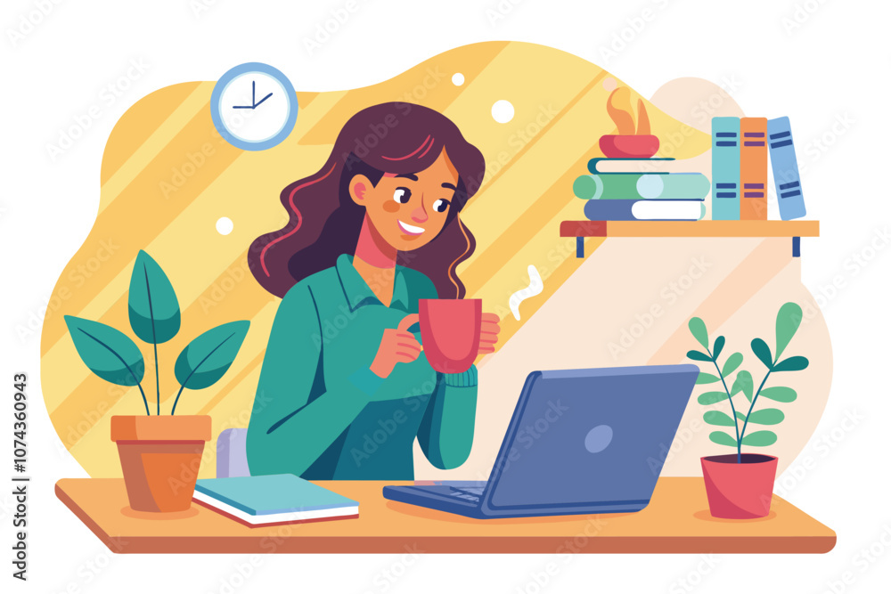 The woman smiles as she sips from her mug and focuses on her laptop in a comfortable setting, Illustration of a man working and learning from home using a laptop. The woman smiles as she sips from her mug and focuses on her laptop in a comfortable setting, Illustration of a man working and learning from home using a laptop.