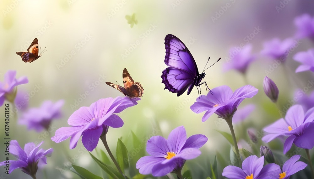 Soft purple flowers with a delicate butterfly flying on a blurred springtime background
Soft purple flowers with a delicate butterfly flying on a blurred springtime background