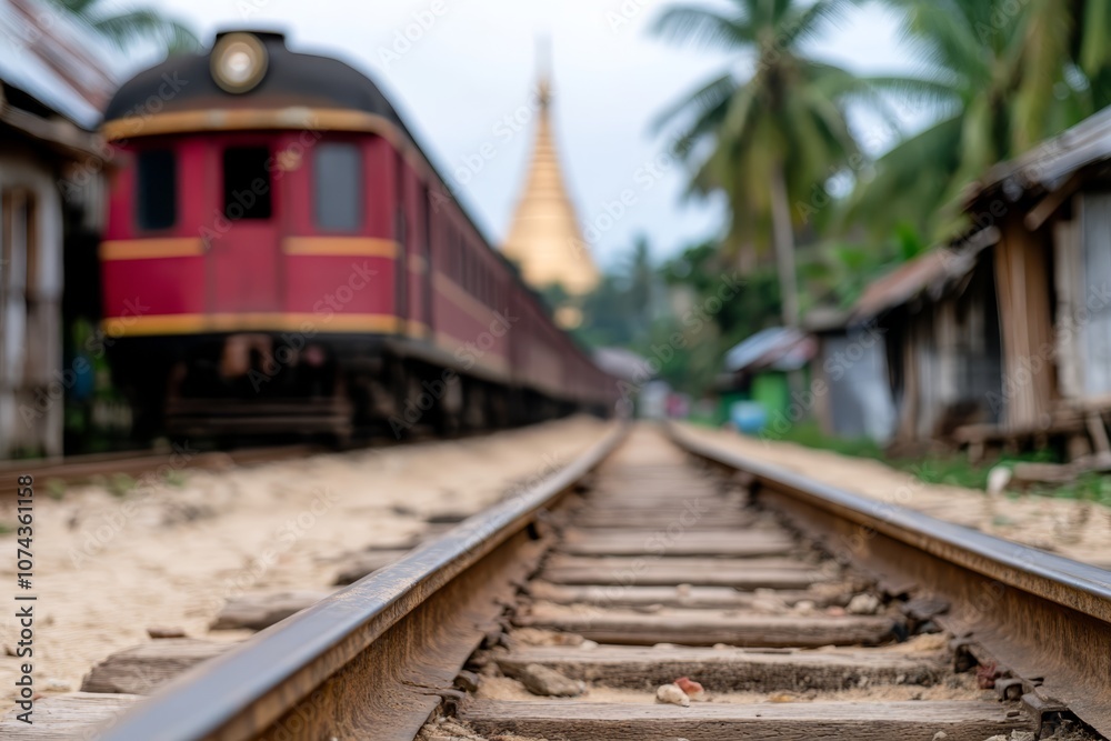 Fototapeta premium A train traveling down train tracks next to a beach