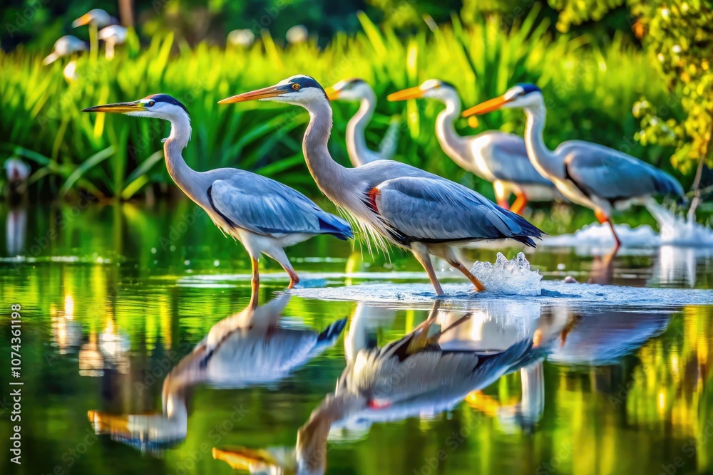 Naklejka premium Majestic Herons Hunting for Prey in Lush Wetlands - Stunning Nature Photography