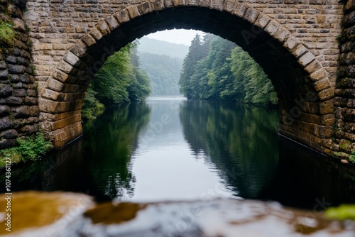 A stone bridge over a body of water with trees in the background photo