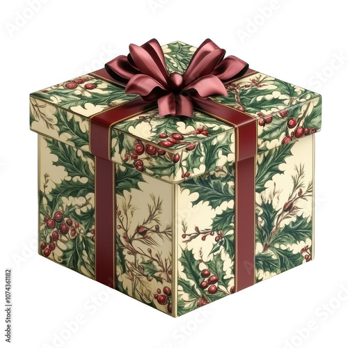 Holly-Adorned Christmas Gift Box with Red Ribbon Bow