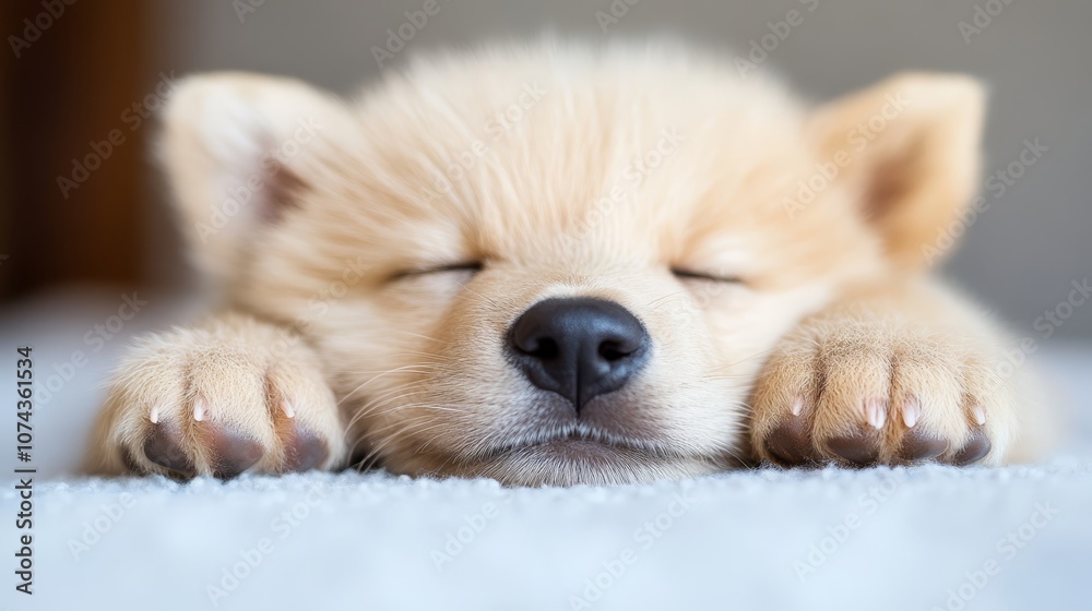 A small puppy sleeping on top of a white blanket A small puppy sleeping on top of a white blanket