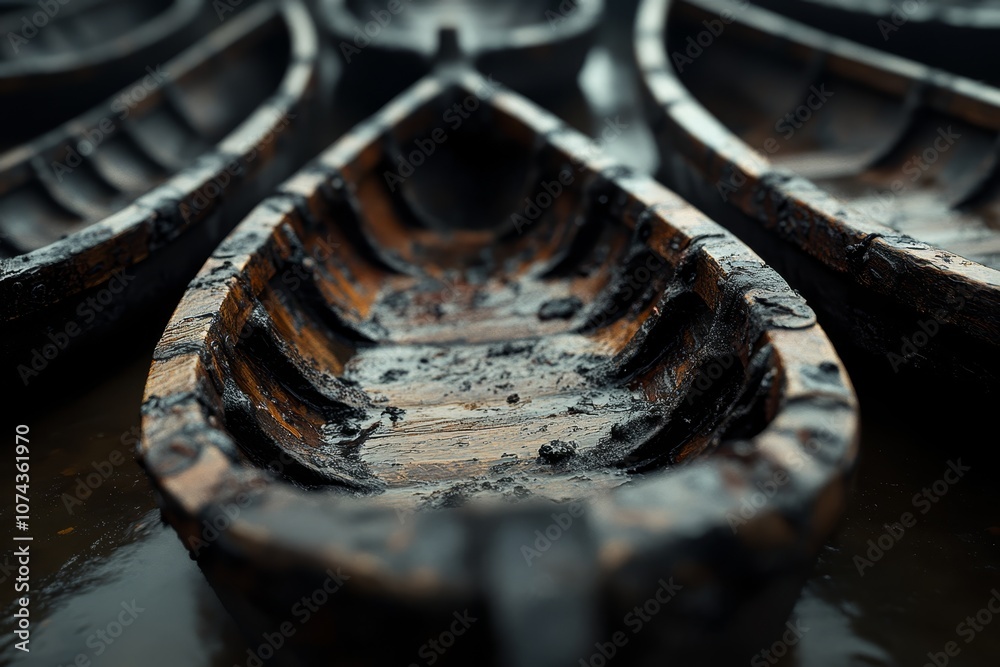 A row of wooden boats sitting on top of a body of water A row of wooden boats sitting on top of a body of water