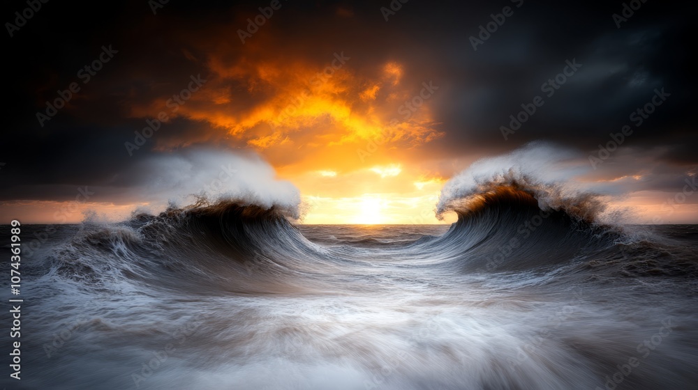 A large wave breaking in the ocean at sunset A large wave breaking in the ocean at sunset
