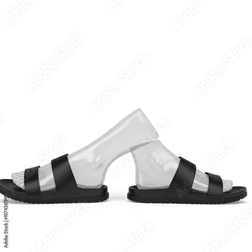 Transparent mannequin feet wearing black slide sandals on a white background.
