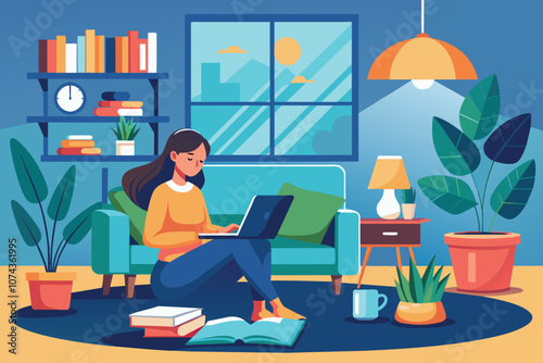 The woman in a cozy living room is studying on her laptop while seated comfortably on the floor, Illustration of a woman studying and relaxing in a living room